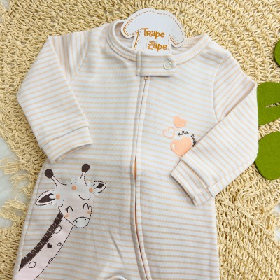   Verão 24/25 - Macacão com Abertura em Zíper Listrado Girafinha - Off White e Salmão